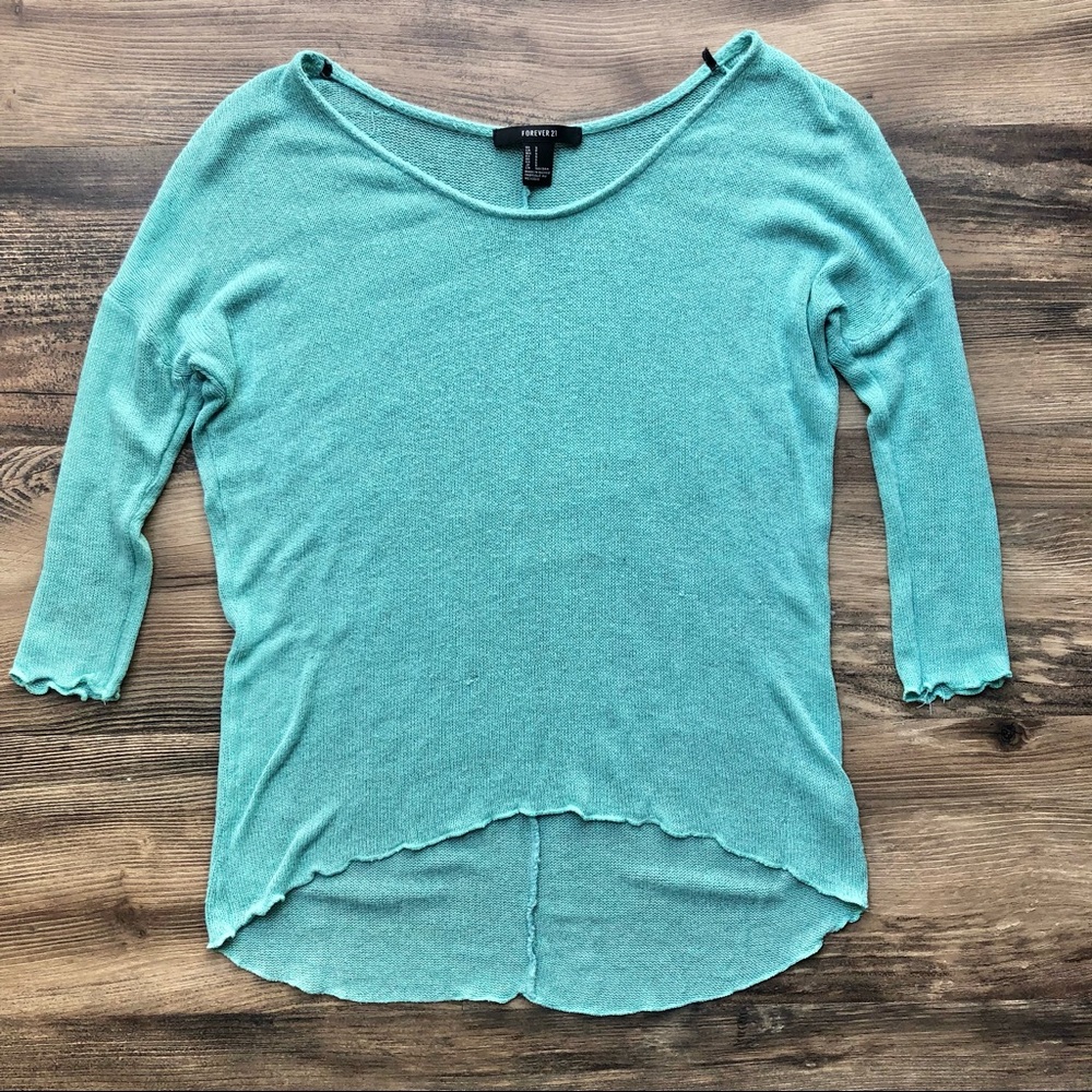 Forever 21 High Low Quarter Sleeve Knit Top Aqua Small